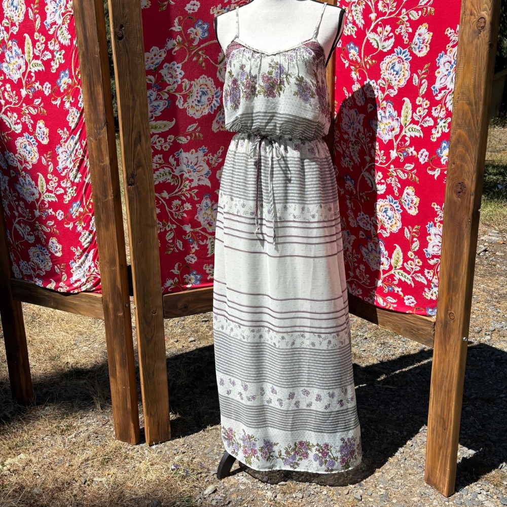 Cream Floral Boho Cottage Prairie Maxi Sun Dress Women's Size M - Picture 13 of 15
